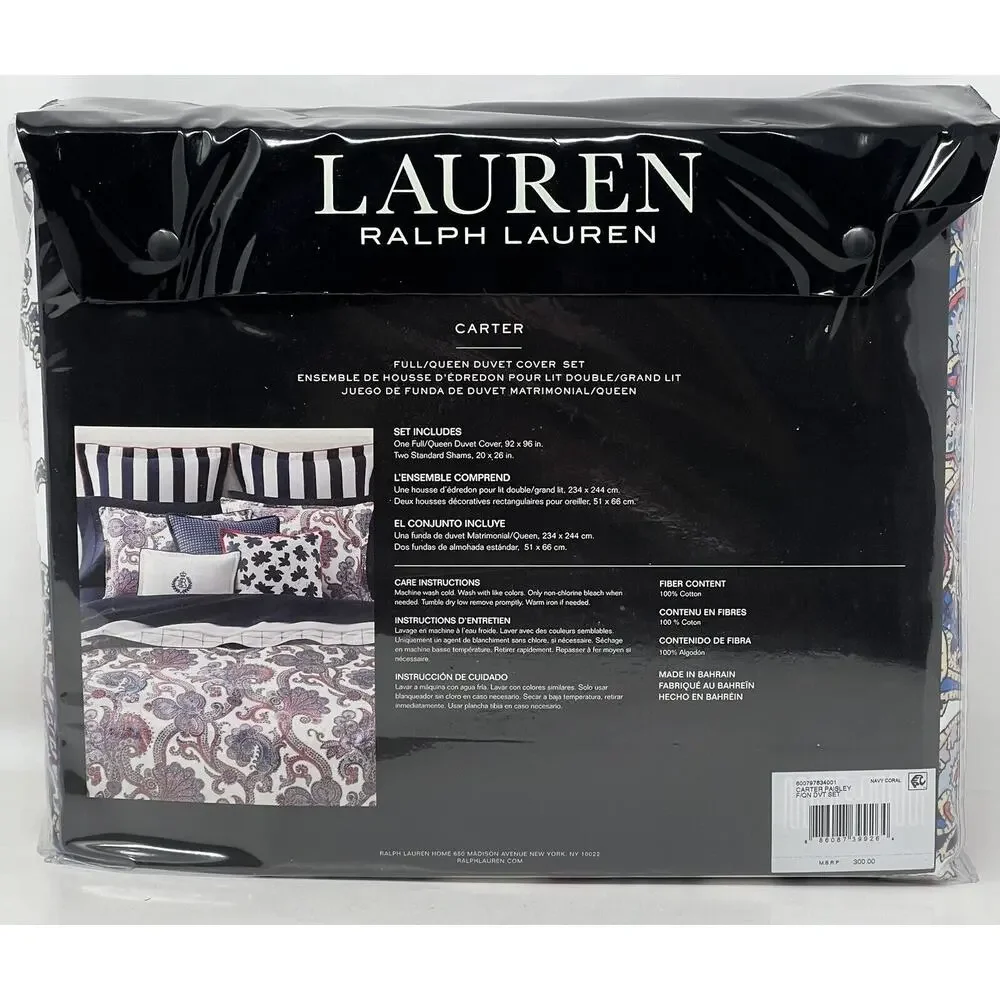 Ralph Lauren Carter Paisley Full Queen Duvet Cover Set Navy Sateen Reversible